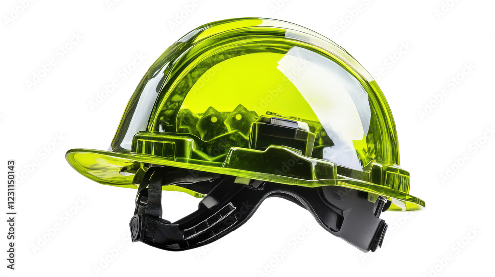 Fototapeta premium Modern transparent green hard hat guaranteeing safety on transparent background
