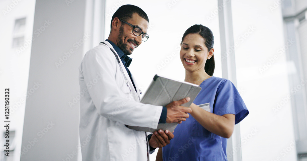 Medical, doctor and nurse with tablet in clinic for healthcare research, surgery checklist or discussion. Low angle, hospital team or happy with digital app for health information or diagnosis result Medical, doctor and nurse with tablet in clinic for healthcare research, surgery checklist or discussion. Low angle, hospital team or happy with digital app for health information or diagnosis result