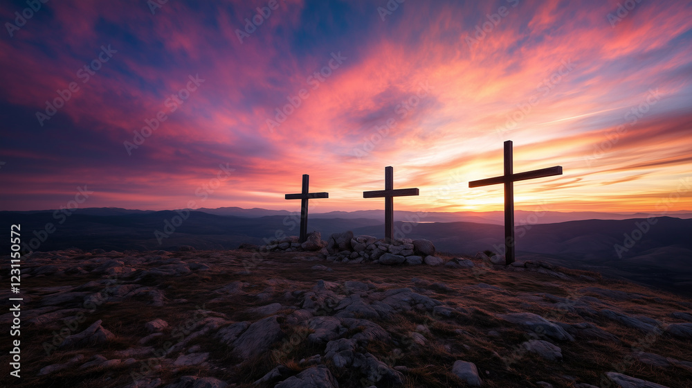 outside the window, a pink sunset sky background, three large wooden crosses in Golgotha Hill, Israel, black silhouettes, and rocks in the hills. outside the window, a pink sunset sky background, three large wooden crosses in Golgotha Hill, Israel, black silhouettes, and rocks in the hills.