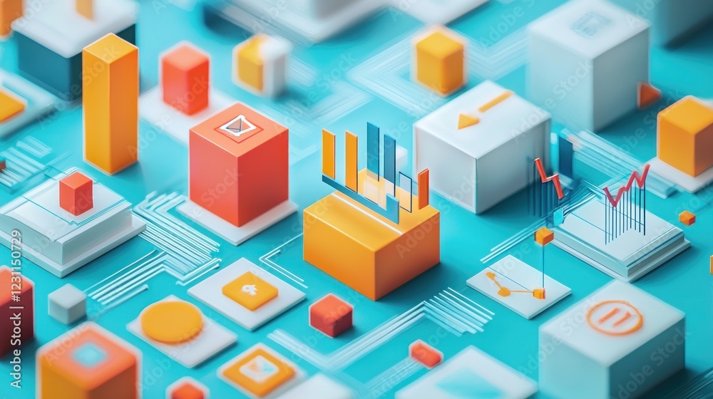 Abstract 3D Isometric Data Visualization: Colorful Cubes, Charts, and Graphs Representing Information Networks and Data Processing Abstract 3D Isometric Data Visualization: Colorful Cubes, Charts, and Graphs Representing Information Networks and Data Processing