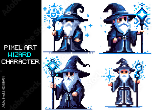 Pixel art of an wizard character. 8 bit