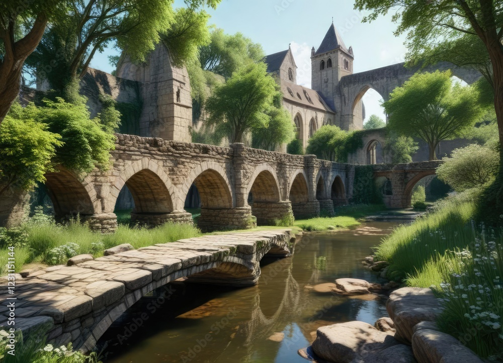 Fototapeta premium Springtime Cluny abbey with overgrown vegetation and a ruined stone bridge, arches, church, river