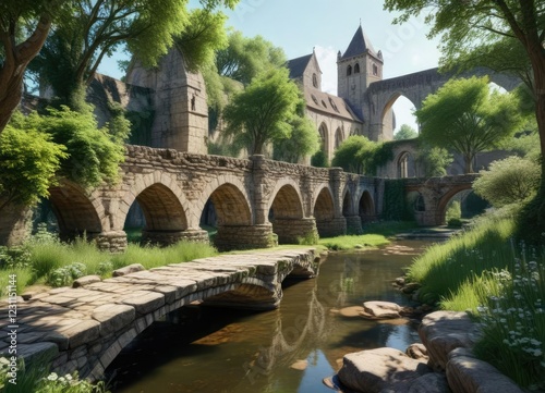 Springtime Cluny abbey with overgrown vegetation and a ruined stone bridge, arches, church, river photo