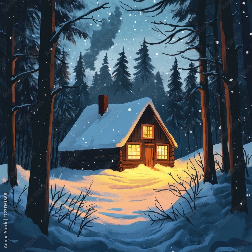 Fototapeta premium Cozy Cabin Nestled In A Snowy Winter Forest
