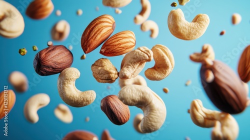 Visualize a dynamic scene with a fresh, bright blue background, where a variety of nuts (almonds, cashews, walnuts, pistachios) are falling gracefully from the top to the bottom of the frame.
