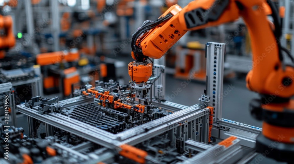 Naklejka premium Orange Robotic Arm Assembling Parts on a Grey Conveyor Belt in a Modern Factory
