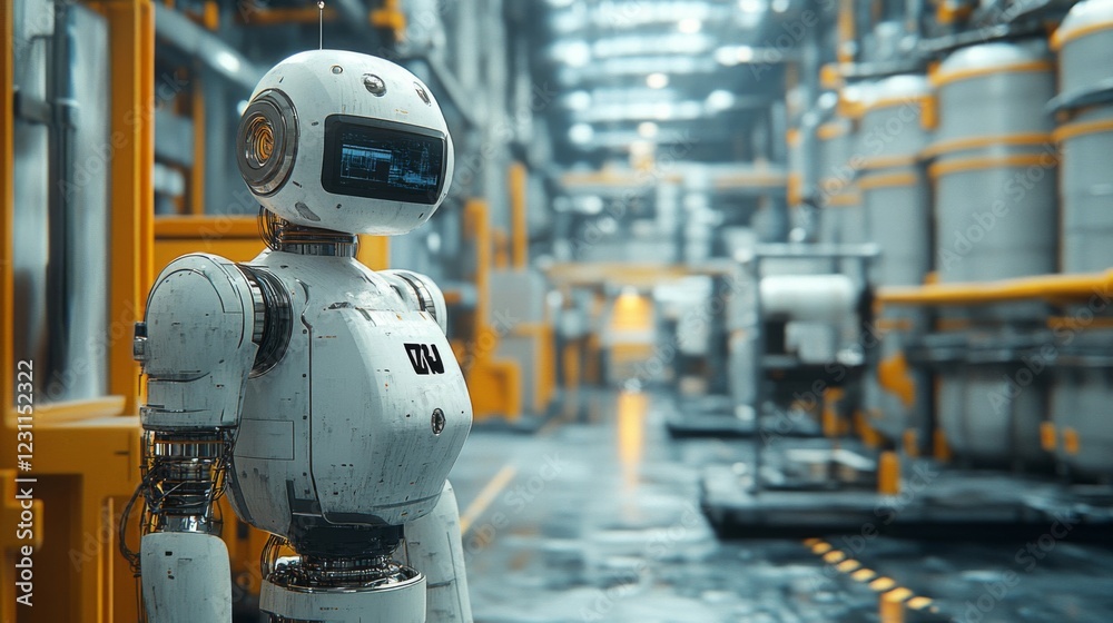 White Industrial Robot in Factory Setting White Industrial Robot in Factory Setting