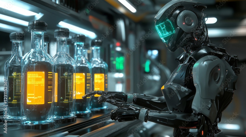 Fototapeta premium Futuristic Robot Examining Bottles in a High Tech Laboratory