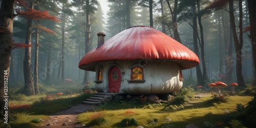 Red roofed mushroom house in the midst of a dense forest, branches, leaves, seclusion