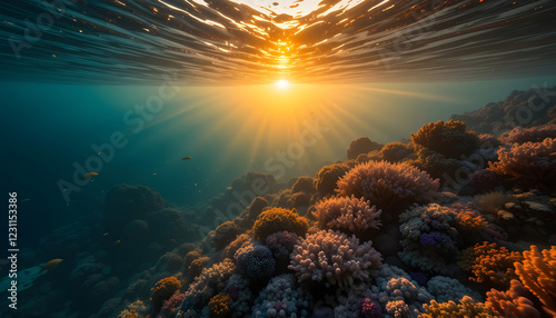 Fototapeta Naklejka Na Ścianę i Meble -  a glowing coral reef during sunset, the water surface above shimmering with golden light, cinematic underwater wonder, cinematic