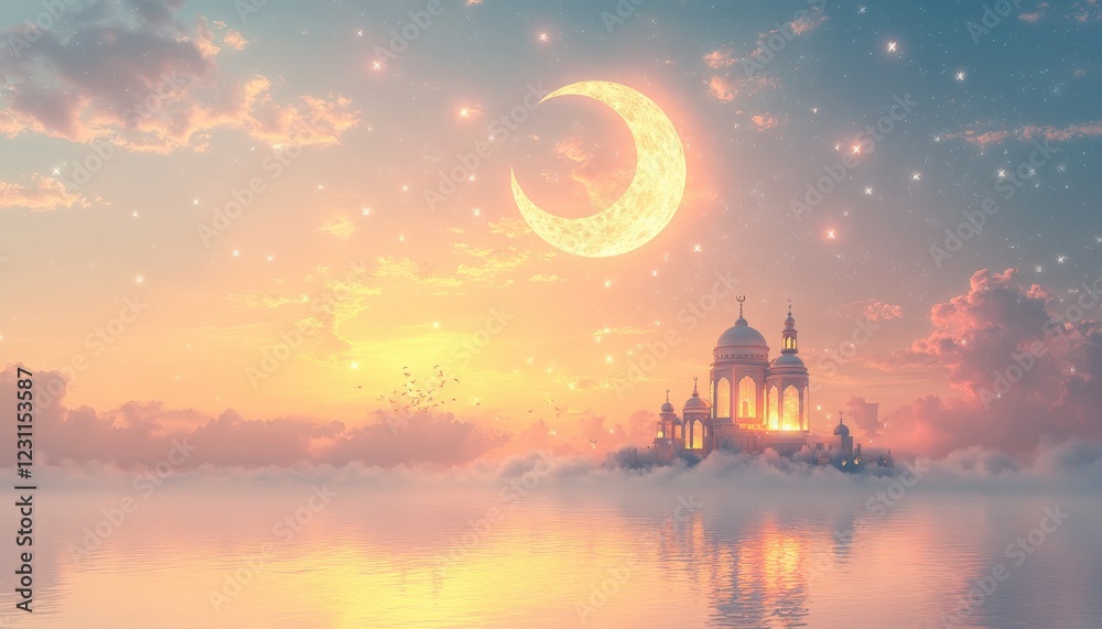 Naklejka premium Serene Sunset Scene Mosque on Clouds Crescent Moon Starry Sky Peaceful Night