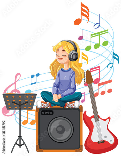 Girl Enjoying Music with Guitar