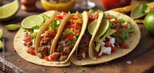 Salsa and lime add zesty twist to a classic taco , appetizing shot, food photography, zesty condiments photo