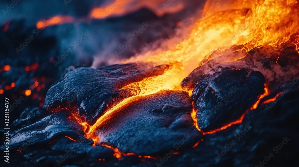 Fototapeta premium Close-Up View of Flowing Lava in Volcanic Eruption Scene