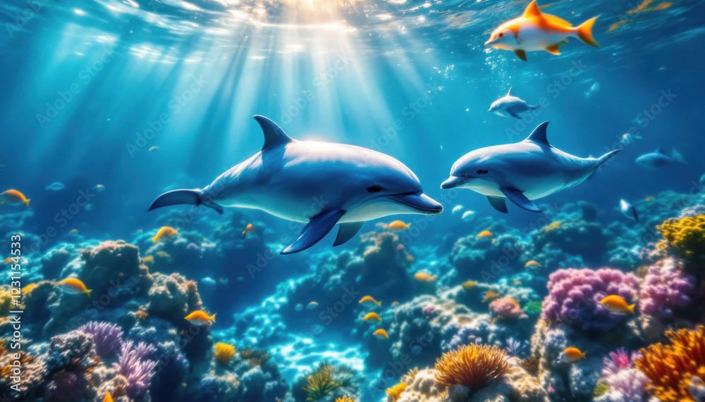 Dolphins swimming in vibrant coral reef ocean Dolphins swimming in vibrant coral reef ocean