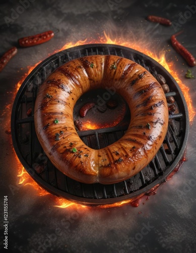 Sizzling ring of grilled Lyon sausage with a sprinkle of paprika, paprika, flavor photo