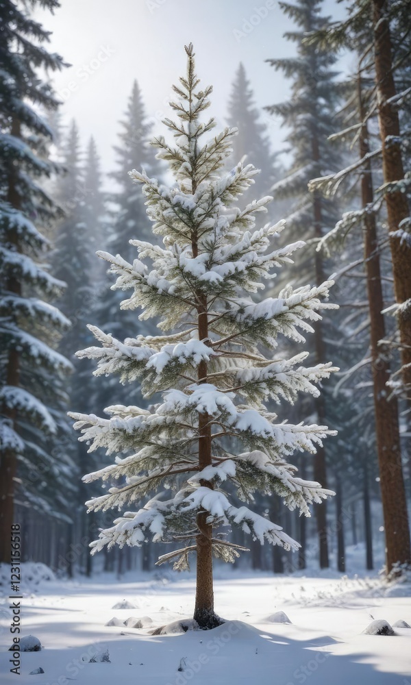 Obraz premium Snow-covered spruce tree in snowy forest with bare tree branches , snowy forest, frosty atmosphere