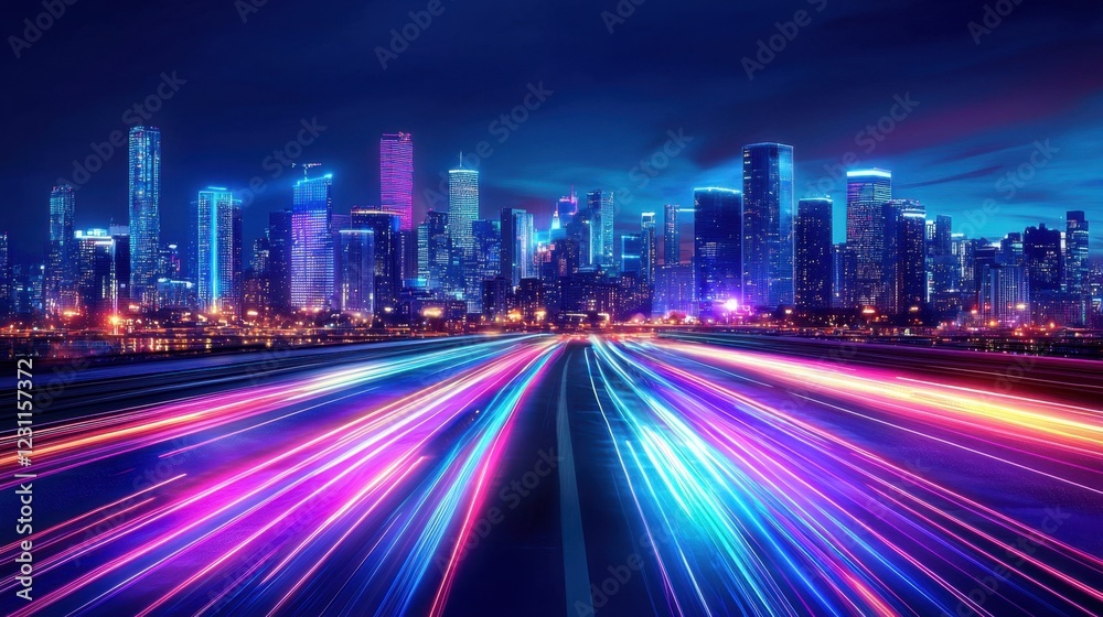 Fototapeta premium Vibrant City Skyline at Night with Colorful Light Trails Below
