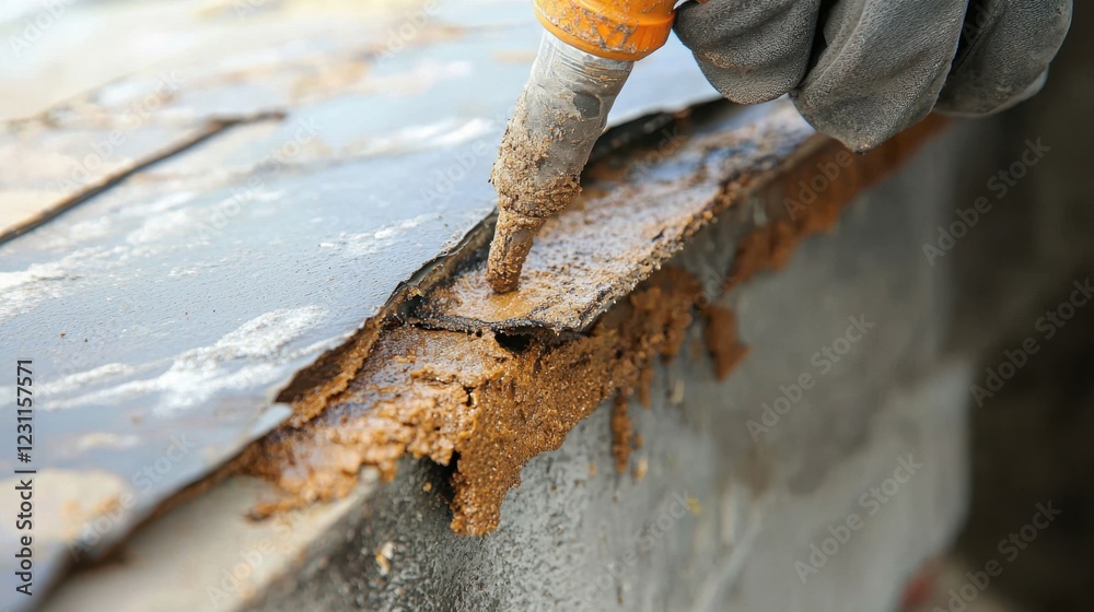 Fototapeta premium Worker Applying Sealant to Repair a Damaged Roof Surface