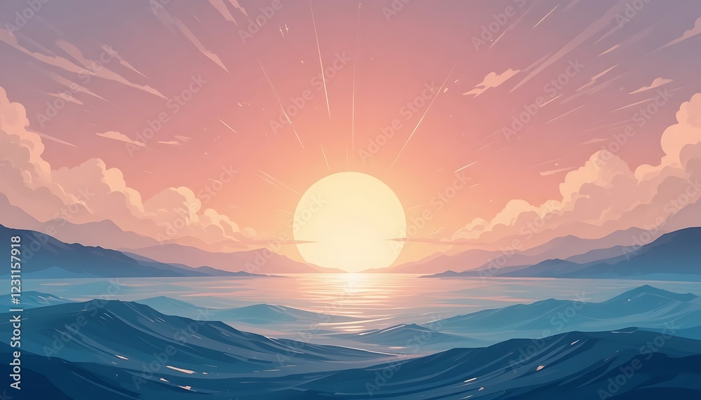 Fototapeta premium Serene Sunset Over Mountains and Tranquil Ocean Waves