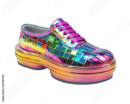 disco themed platform shoe with colorful, reflective surface, perfect for parties and dance events. Its vibrant design adds fun touch to any outfit photo