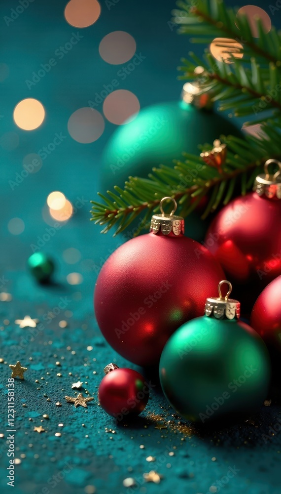 Naklejka premium Red and green balls in a blue ornament Christmas scene, balls, red