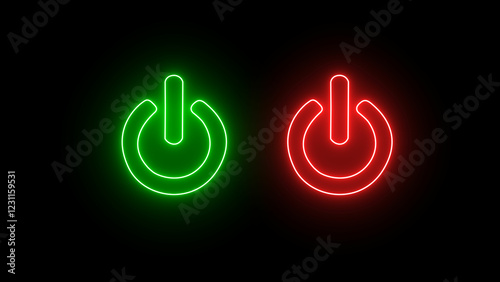 Neon glowing power button icon. Neon light power button turning on and off icon. Green and red neon Power Button icon on the black background.