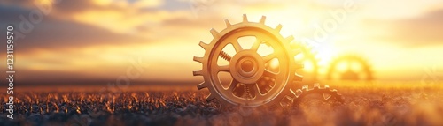 A solitary gear in the field, juxtaposing industrial technology with natural serenity for conceptual photography