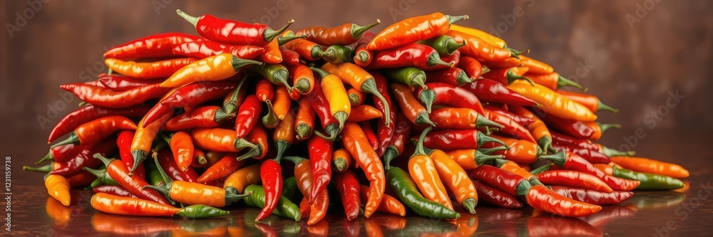 Piles of vibrant chili peppers stacked artfully on a copper surface, surrounded by soft studio lighting that accentuates their colors and textures, studio setup, pepper piles