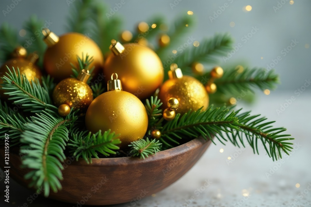 Pine branches with yellow gold berries and ornaments in a festive bowl, rustic, ornaments, decorative Pine branches with yellow gold berries and ornaments in a festive bowl, rustic, ornaments, decorative