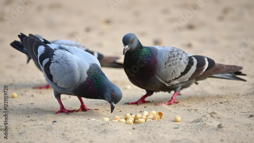 Pigeons Pecking at Breadcrumbs in the Sand, environment, beak