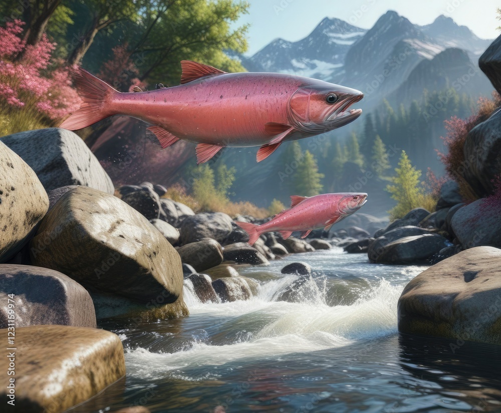Fototapeta premium Pink salmon leaping out of the water on a rocky riverbed , scenery, rock, salmon