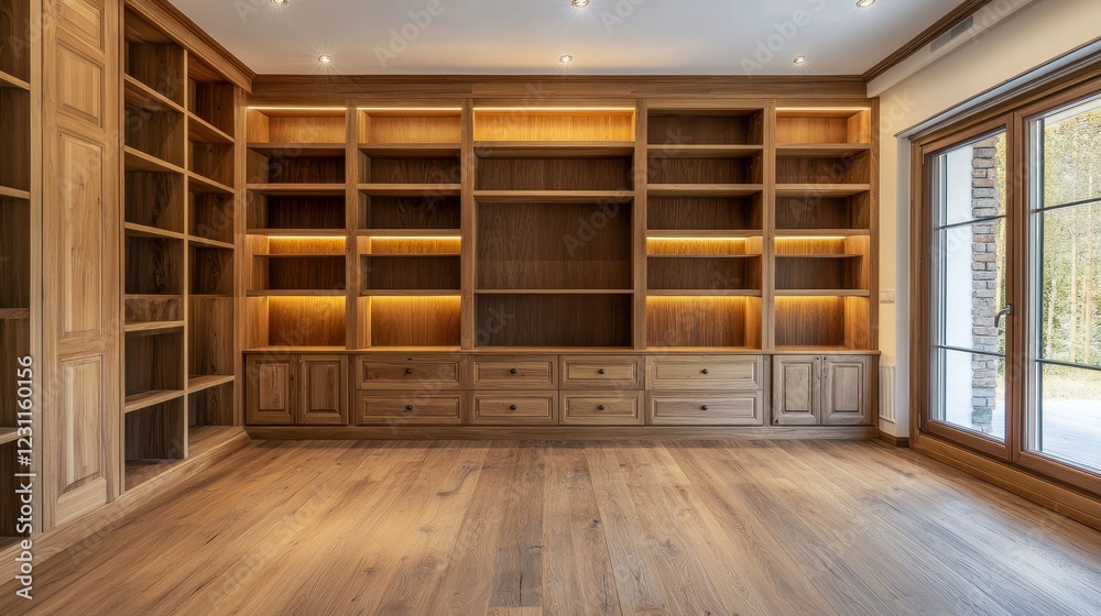 Obraz premium Large built-in wooden bookcase with warm lighting, ideal for home library. Showcases elegant interior design and spacious living areas, perfect for real estate or home decor.