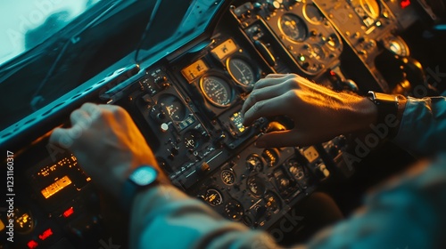 Pilot adjusts throttle in cockpit