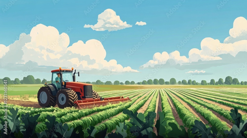Summer Harvest: A Farmer's Tractor Tills Lush Green Fields Under a Bright Blue Sky Summer Harvest: A Farmer's Tractor Tills Lush Green Fields Under a Bright Blue Sky