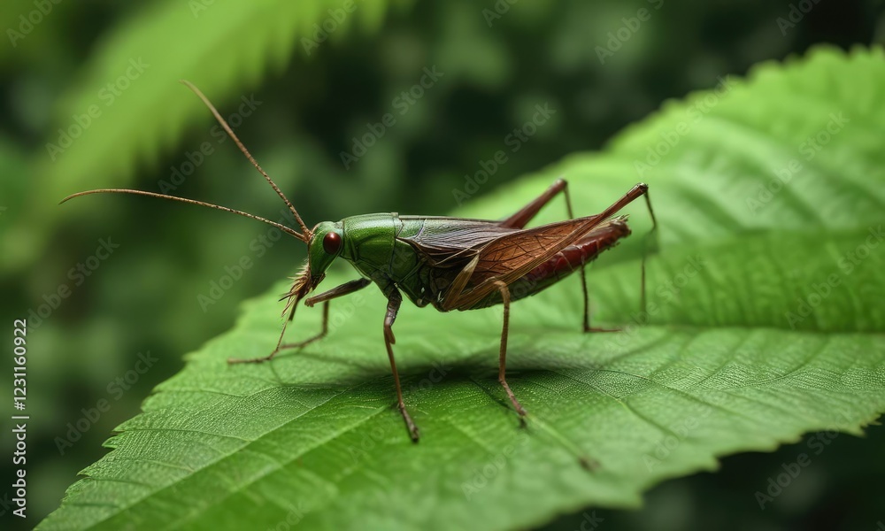 Rare Southern Sickle bearing Bush Cricket Phaneroptera nana on green leaf, southern sickle, tiny bugs