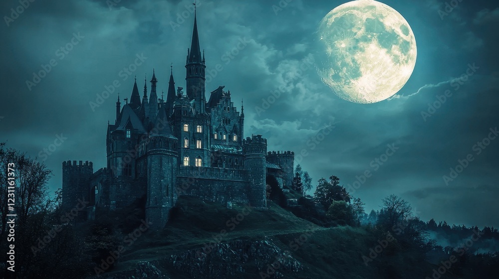 Fototapeta premium Enchanted castle under a full moon with mysterious atmospheric clouds