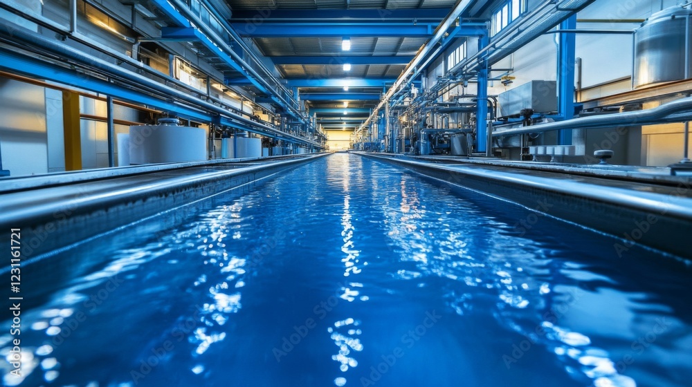 Fototapeta premium Long Blue Industrial Water Treatment Plant Interior