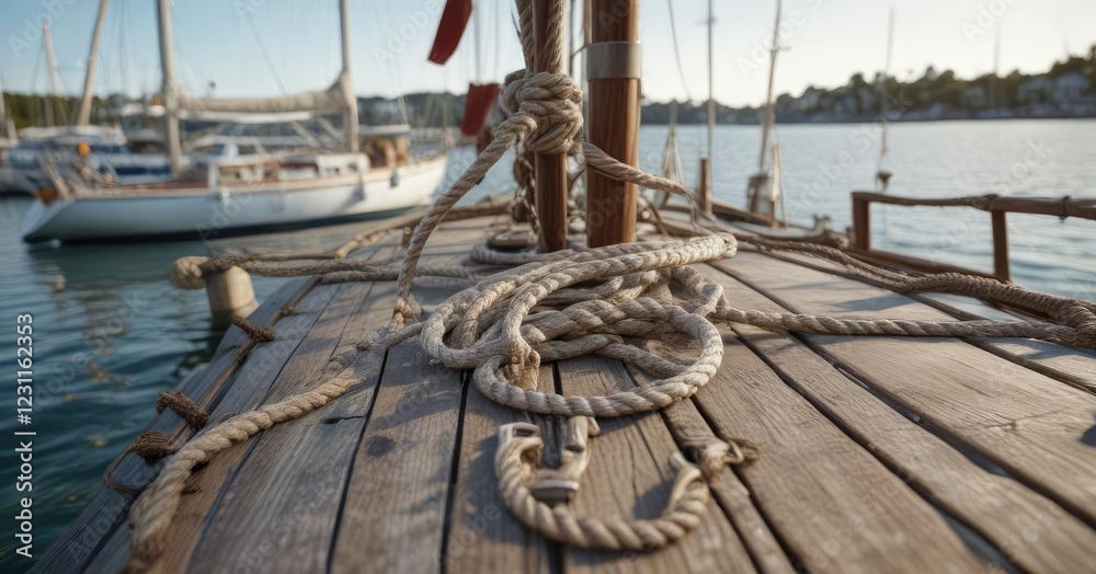 Obraz premium Sailboat in harbor with ropes secured to cleats, dock, secure, boat