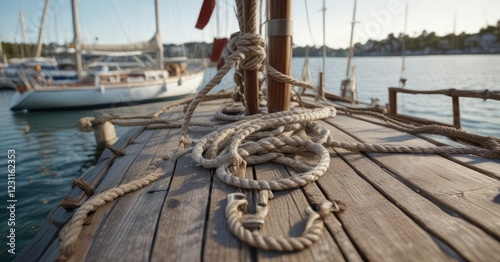 Sailboat in harbor with ropes secured to cleats, dock, secure, boat