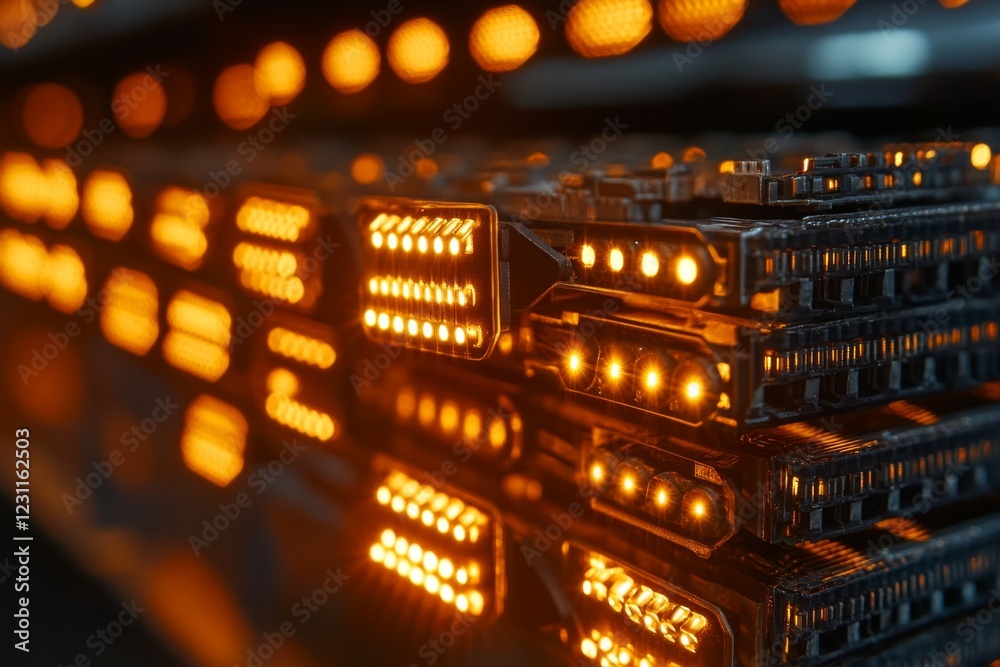 Server racks with glowing lights in a data center Server racks with glowing lights in a data center