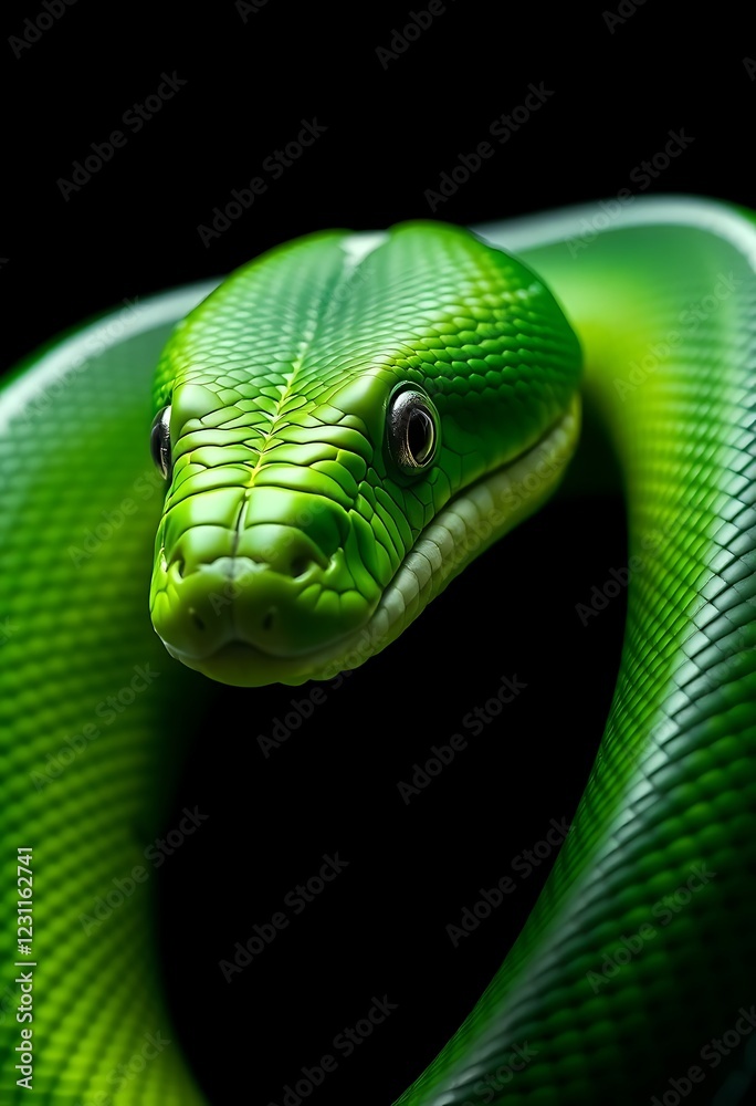 Fototapeta premium Emerald Green Snake: Close-Up Portrait, Dramatic Lighting