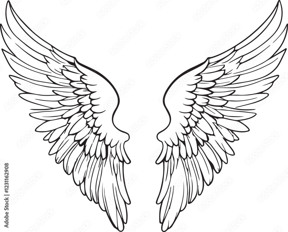 Obraz premium Elegant vector illustration of detailed stylized wings black silhouette on white background.