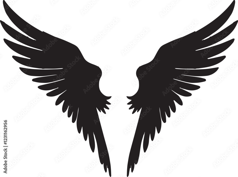 Fototapeta premium Elegant vector illustration of detailed stylized wings black silhouette on white background.