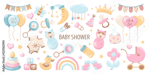 Big set of baby shower in hand drawn style. In pastel colors. Items for children. Great for card, invitation card, decoration party, design, print