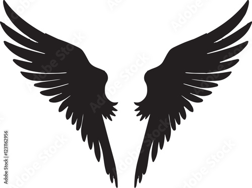 Elegant vector illustration of detailed stylized wings black silhouette on white background.