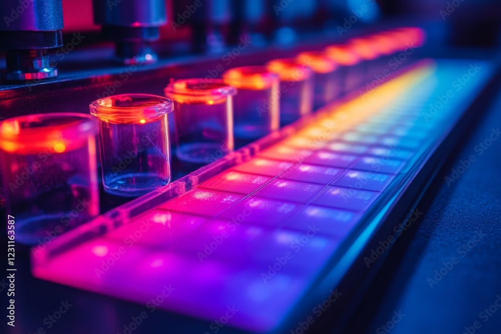 Fototapeta premium Row of test tubes filled with glowing colorful liquids