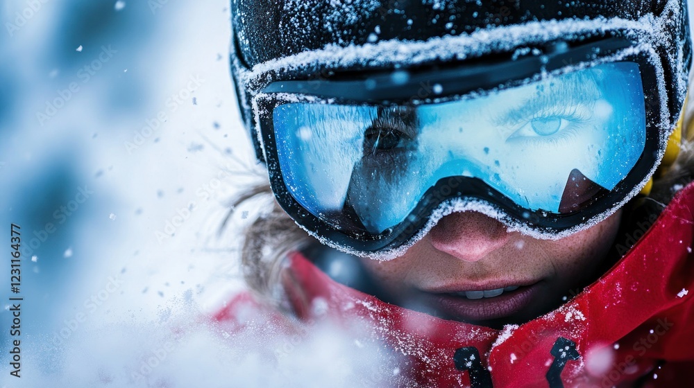 A close-up of a skier in snowy conditions, showcasing focus and determination. A close-up of a skier in snowy conditions, showcasing focus and determination.