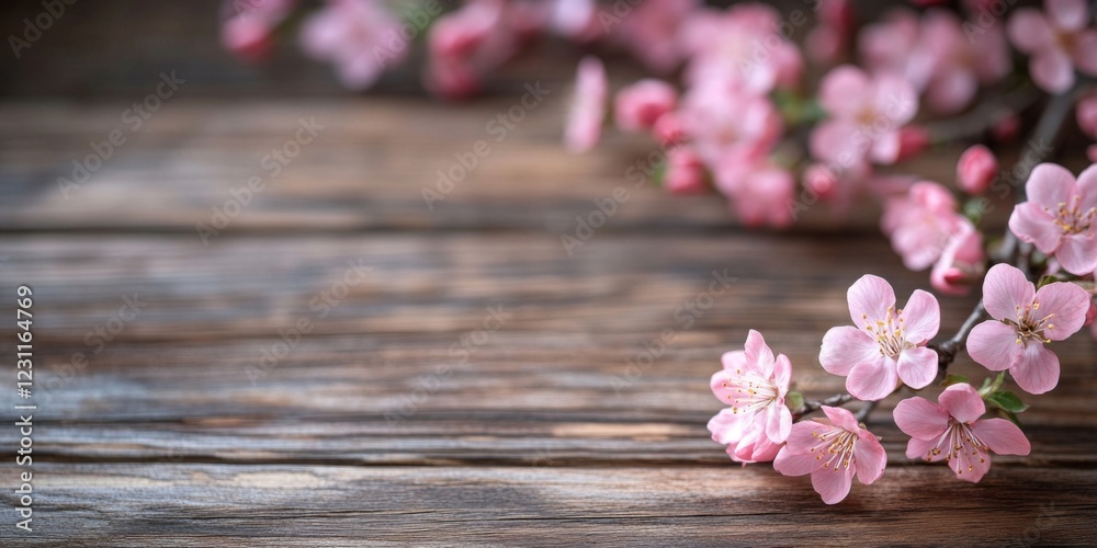 Cherry blossom branches on a rustic wooden background