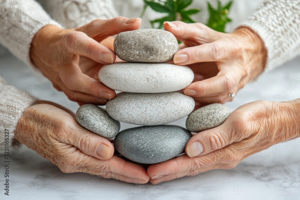 Hands holding stacked smooth spa stones with a calming background Hands holding stacked smooth spa stones with a calming background